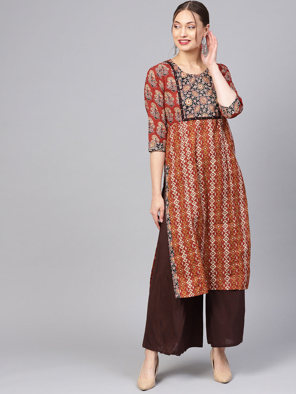 Brown Beige Ethnic Straight Kurta
