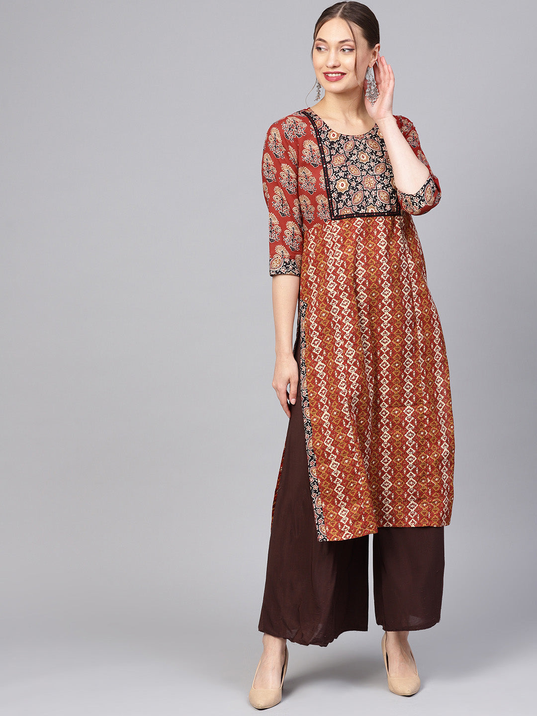 Brown Beige Ethnic Straight Kurta