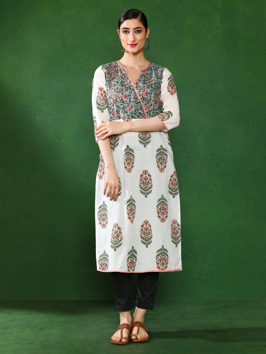 Off White Printed Straight Kurta & set