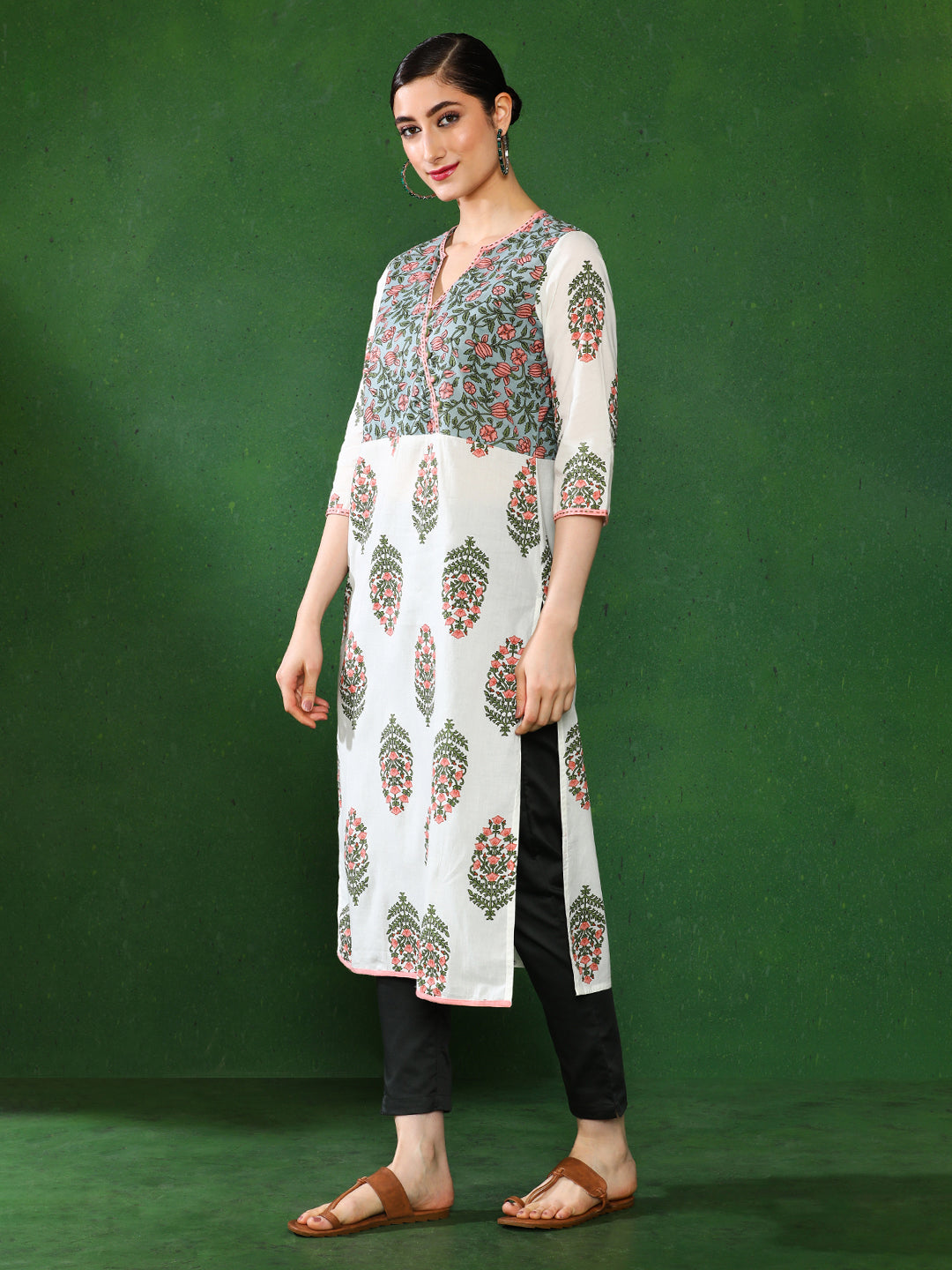 Off White Printed Straight Kurta & set