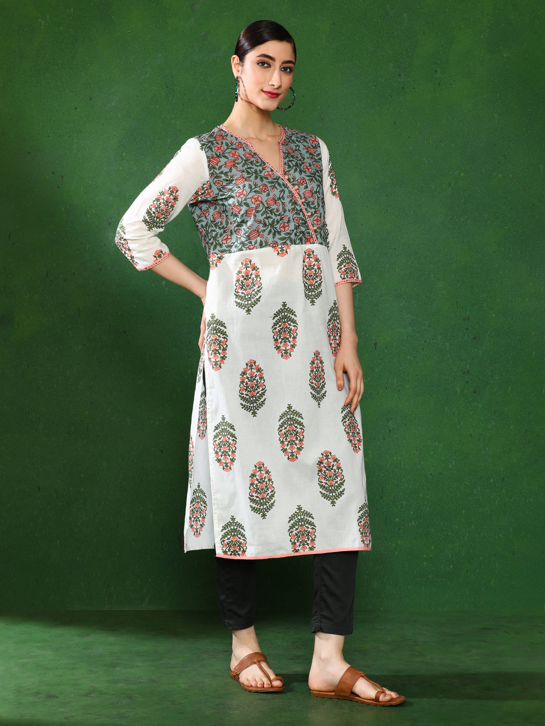 Off White Printed Straight Kurta & set