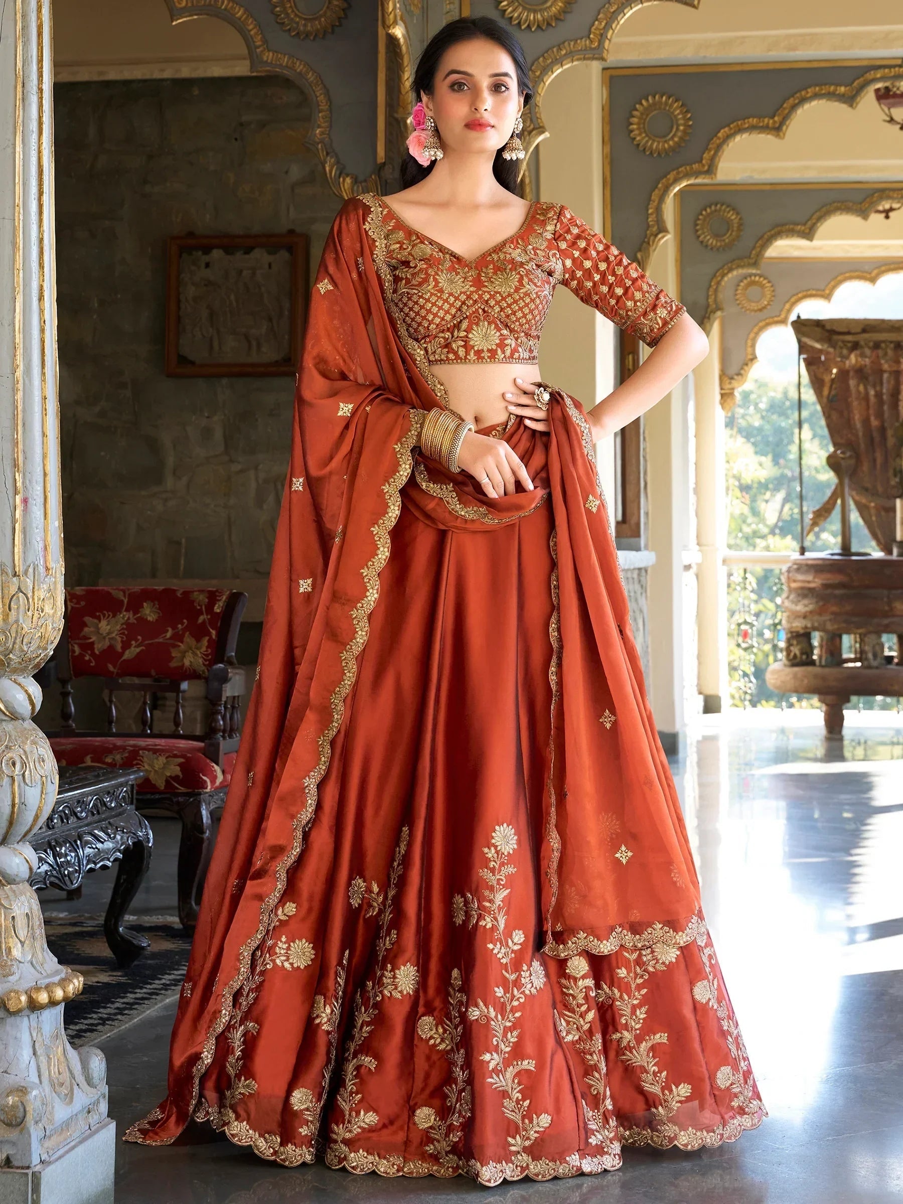 Attractive Orange Thread Embroidery Silk Wedding Wear Lehenga Choli