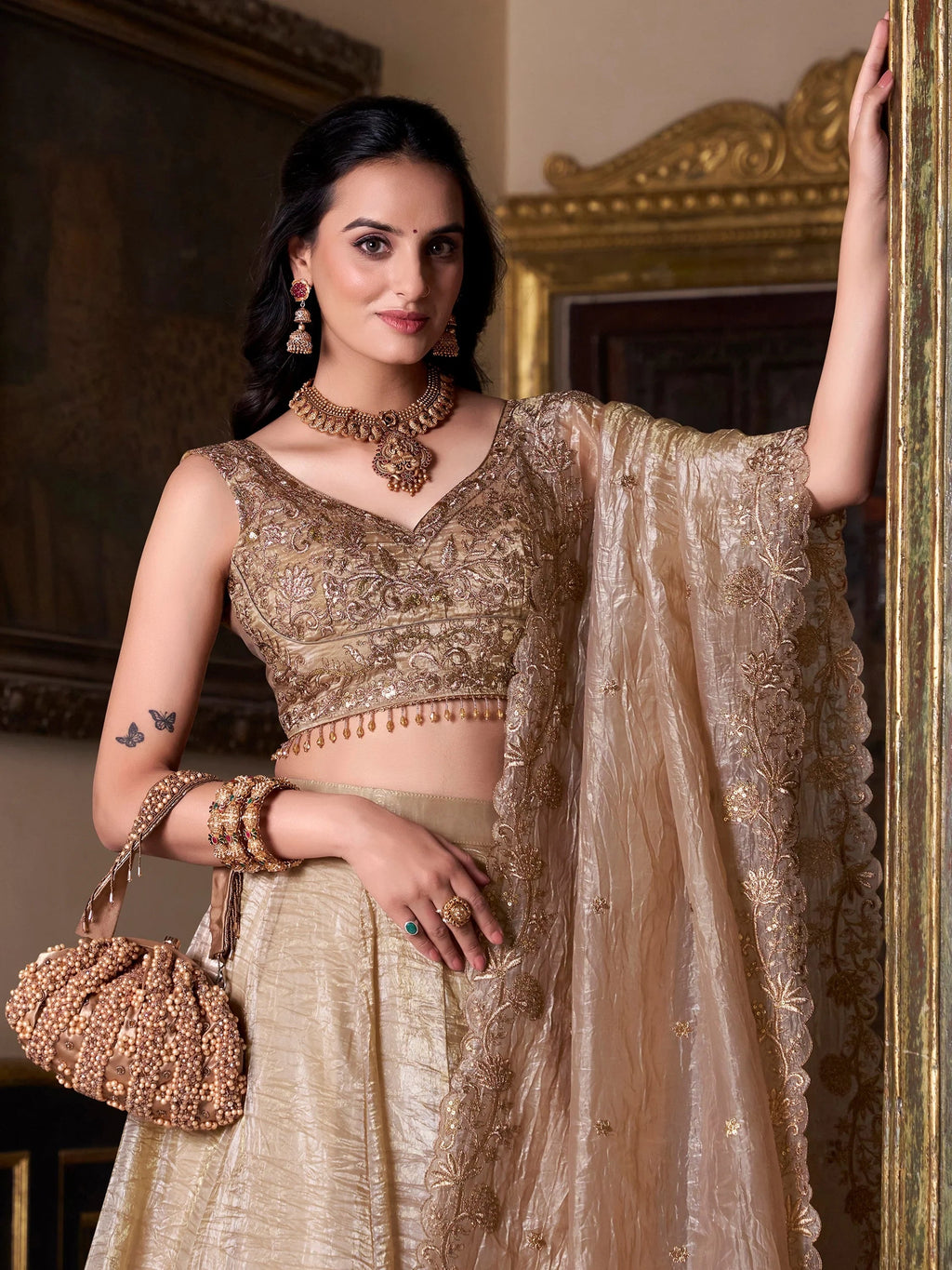 Enchanting Golden Sequins Organza Wedding Lehenga Choli With Dupatta