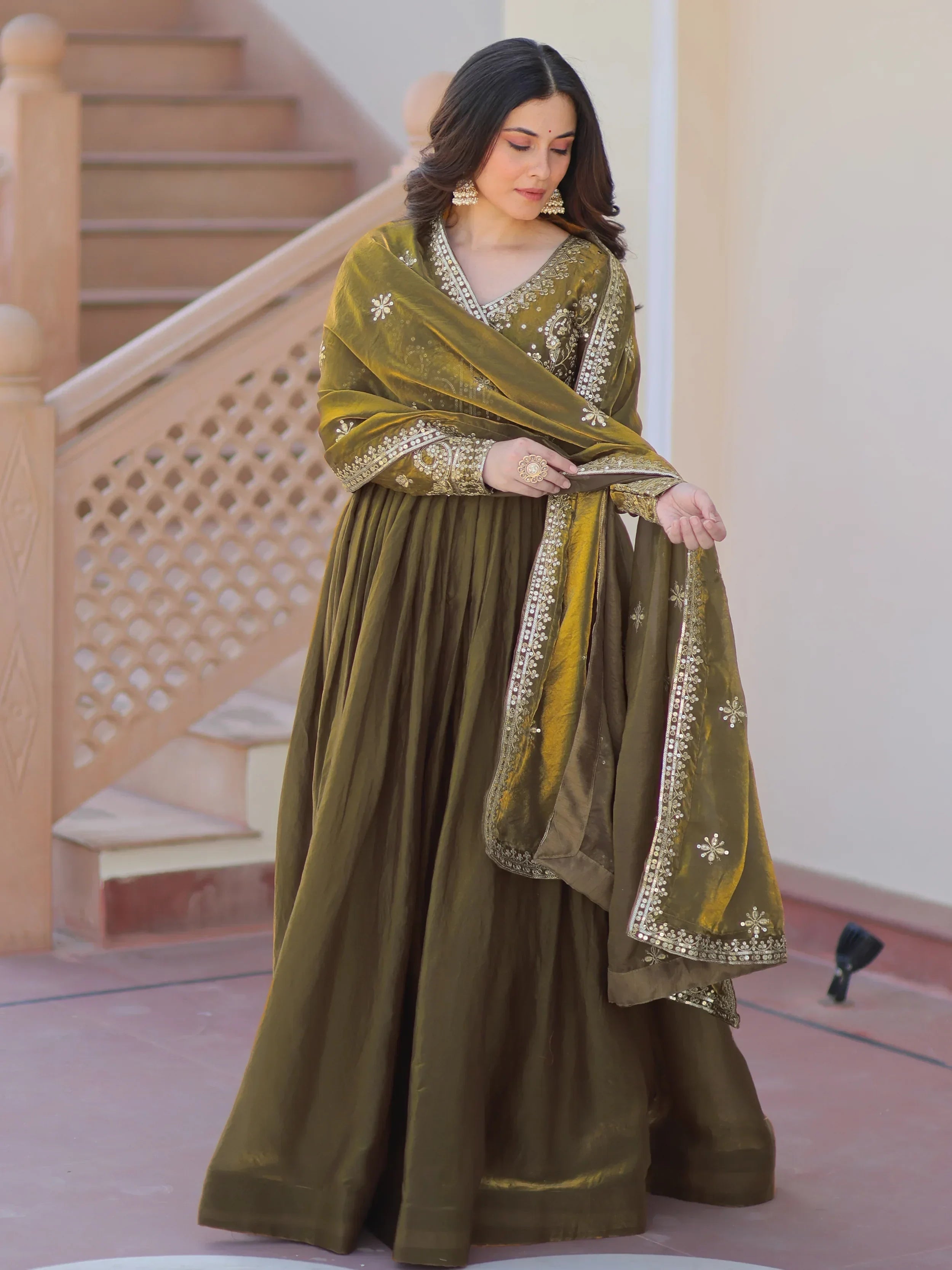 Mehendi Green  silk Sequins Embroidery Organza Festive Wear Gown
