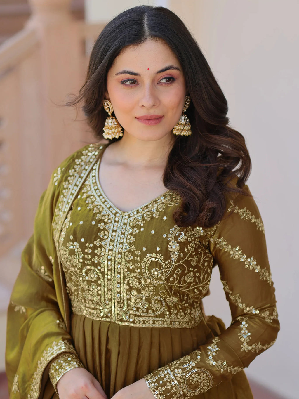 Mehendi Green  silk Sequins Embroidery Organza Festive Wear Gown