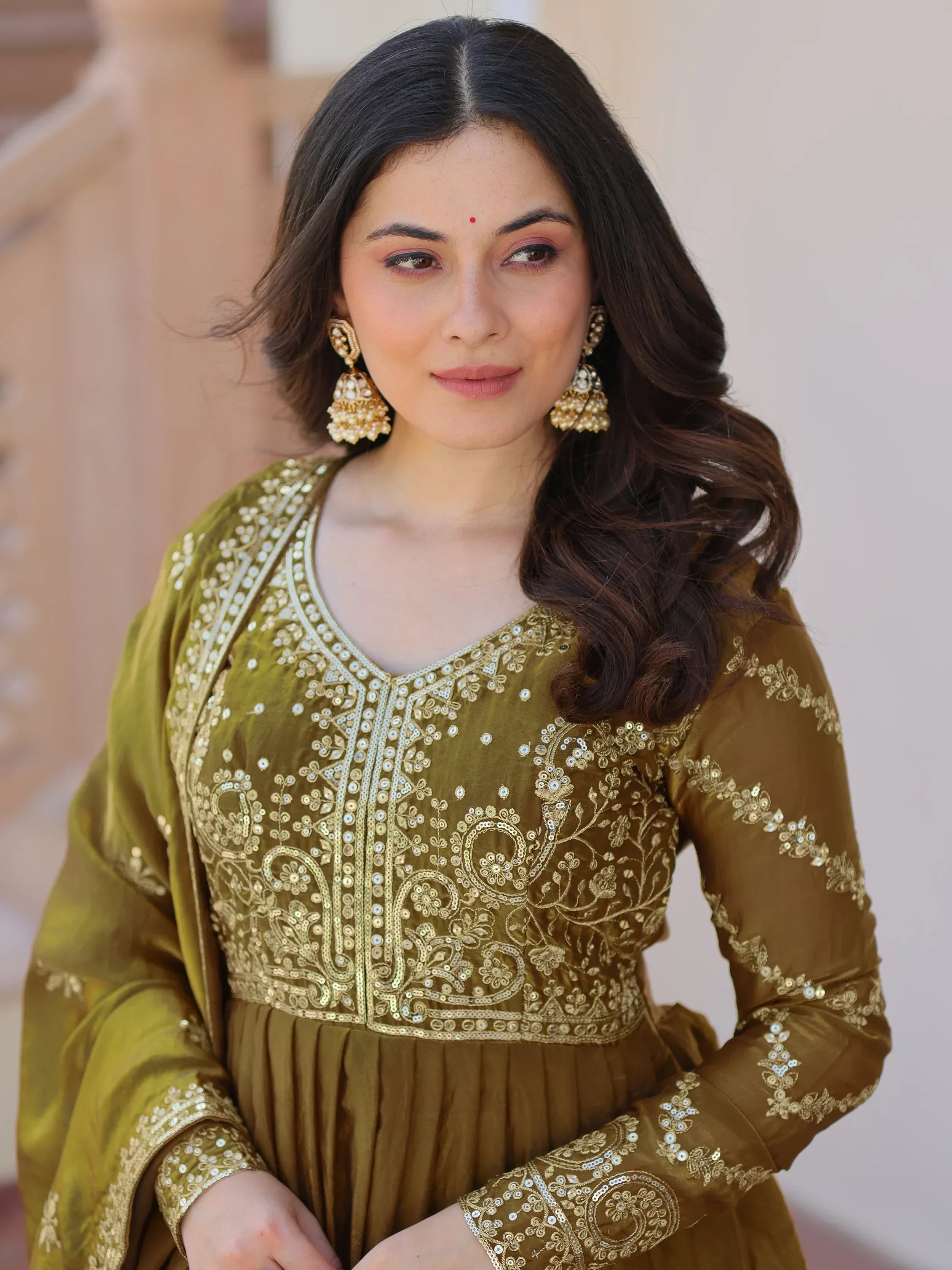 Mehendi Green  silk Sequins Embroidery Organza Festive Wear Gown