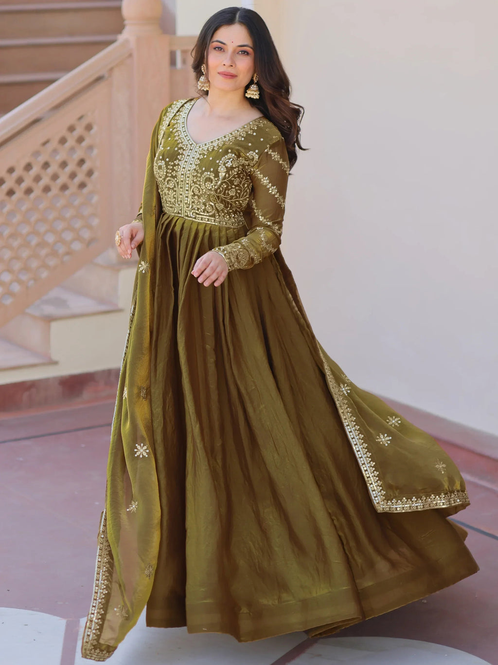 Mehendi Green  silk Sequins Embroidery Organza Festive Wear Gown