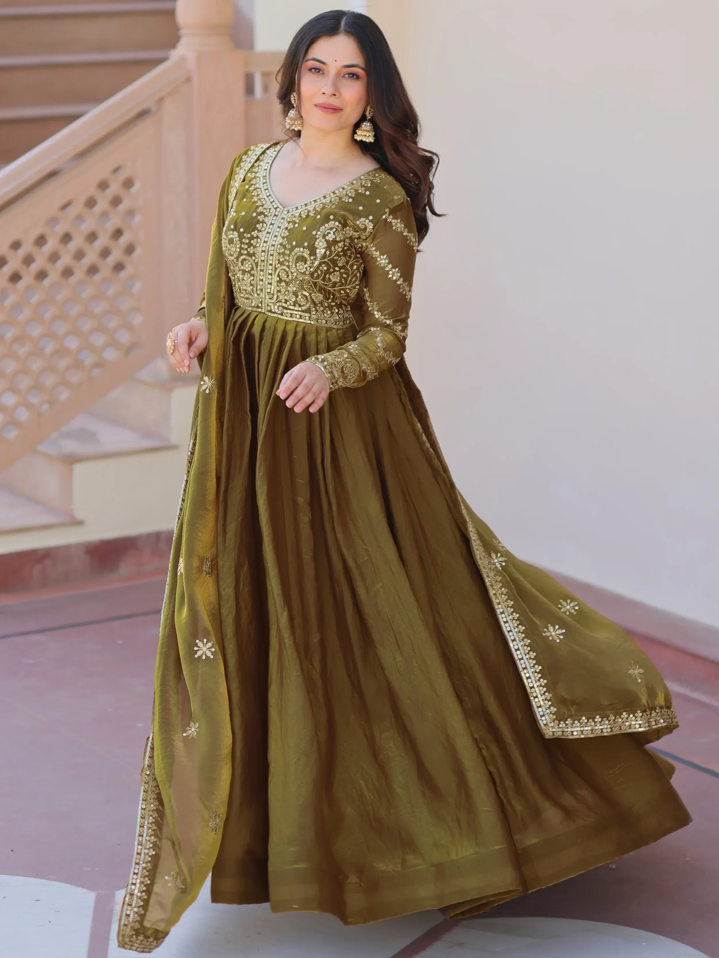 Mehendi Green  silk Sequins Embroidery Organza Festive Wear Gown