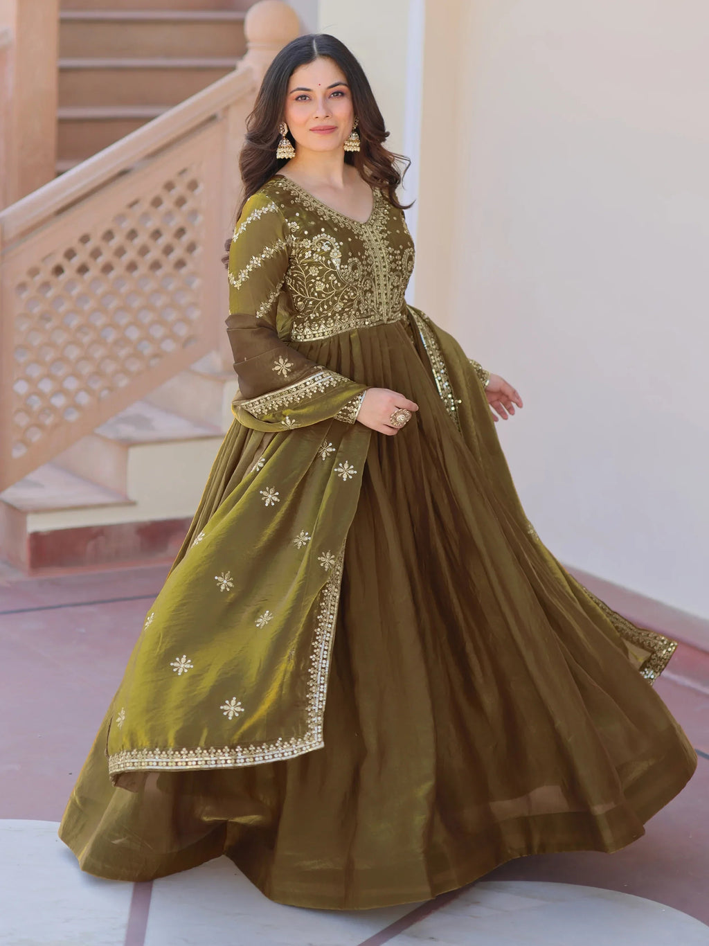 Mehendi Green  silk Sequins Embroidery Organza Festive Wear Gown