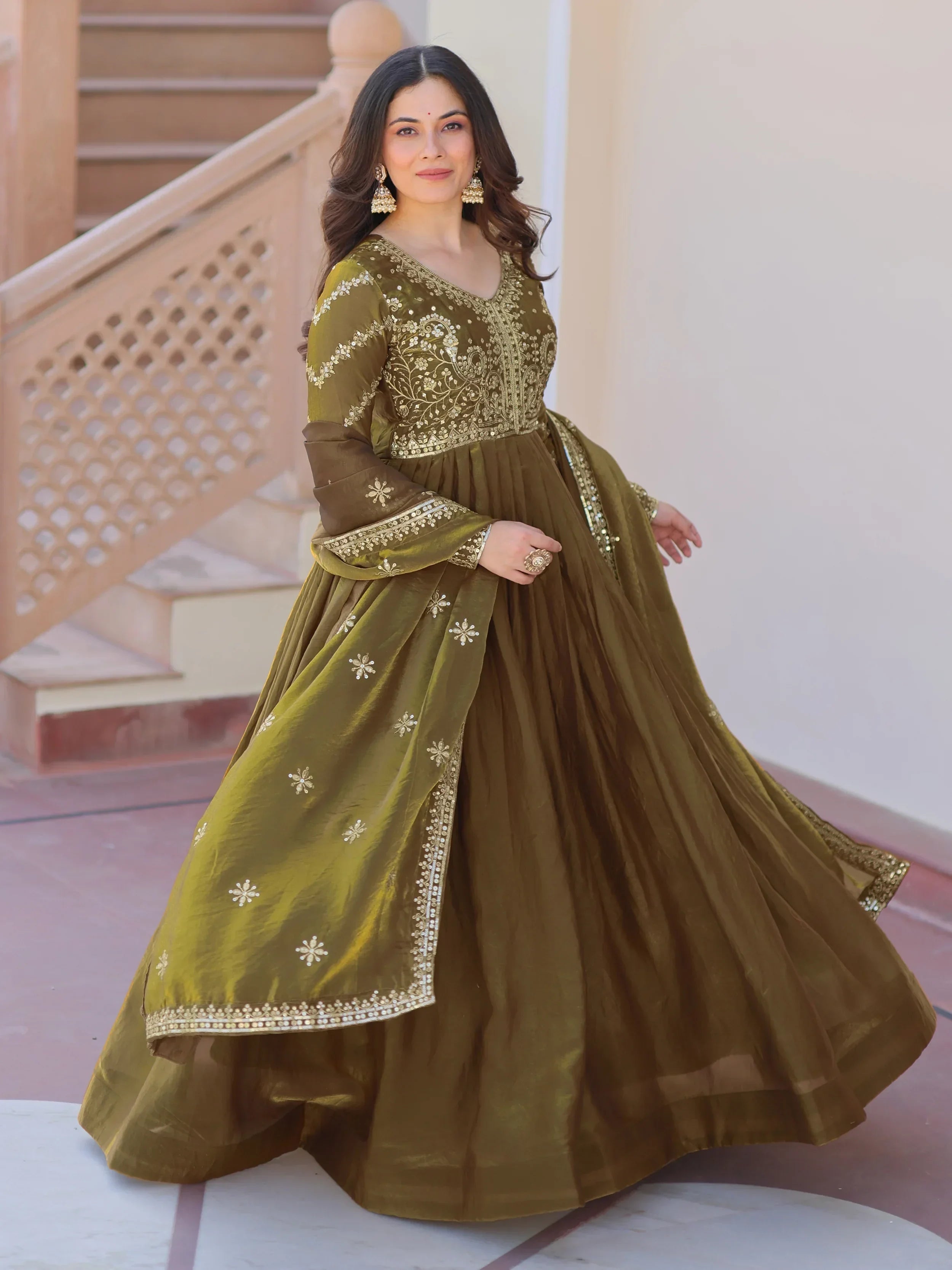 Mehendi Green  silk Sequins Embroidery Organza Festive Wear Gown