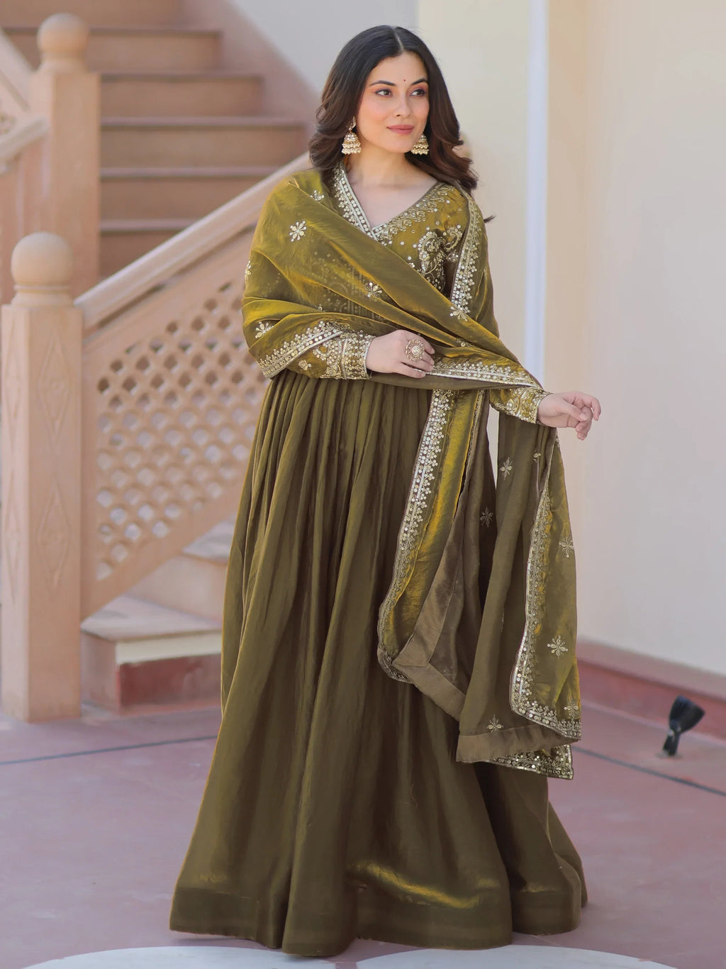 Mehendi Green  silk Sequins Embroidery Organza Festive Wear Gown