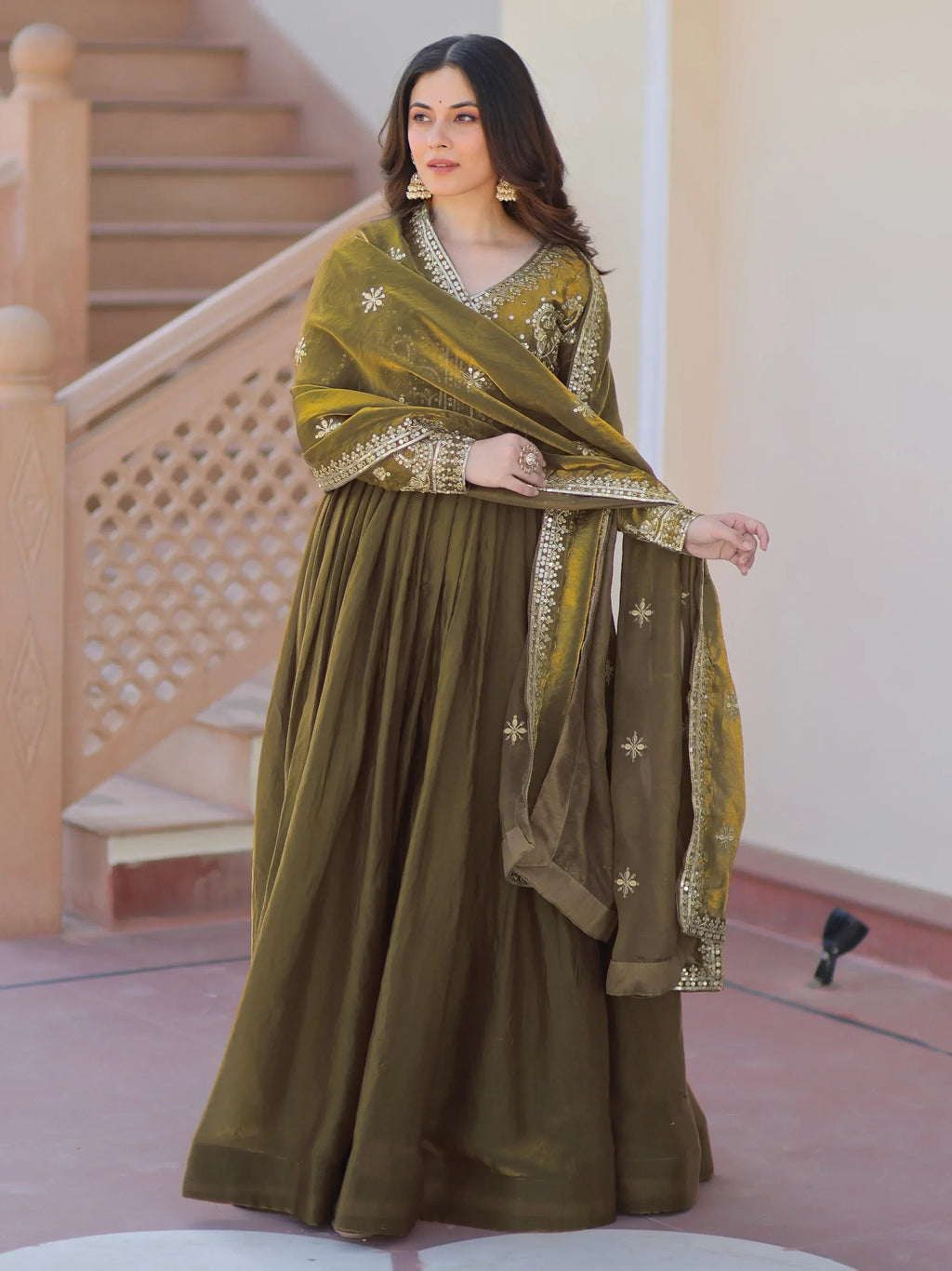 Mehendi Green  silk Sequins Embroidery Organza Festive Wear Gown