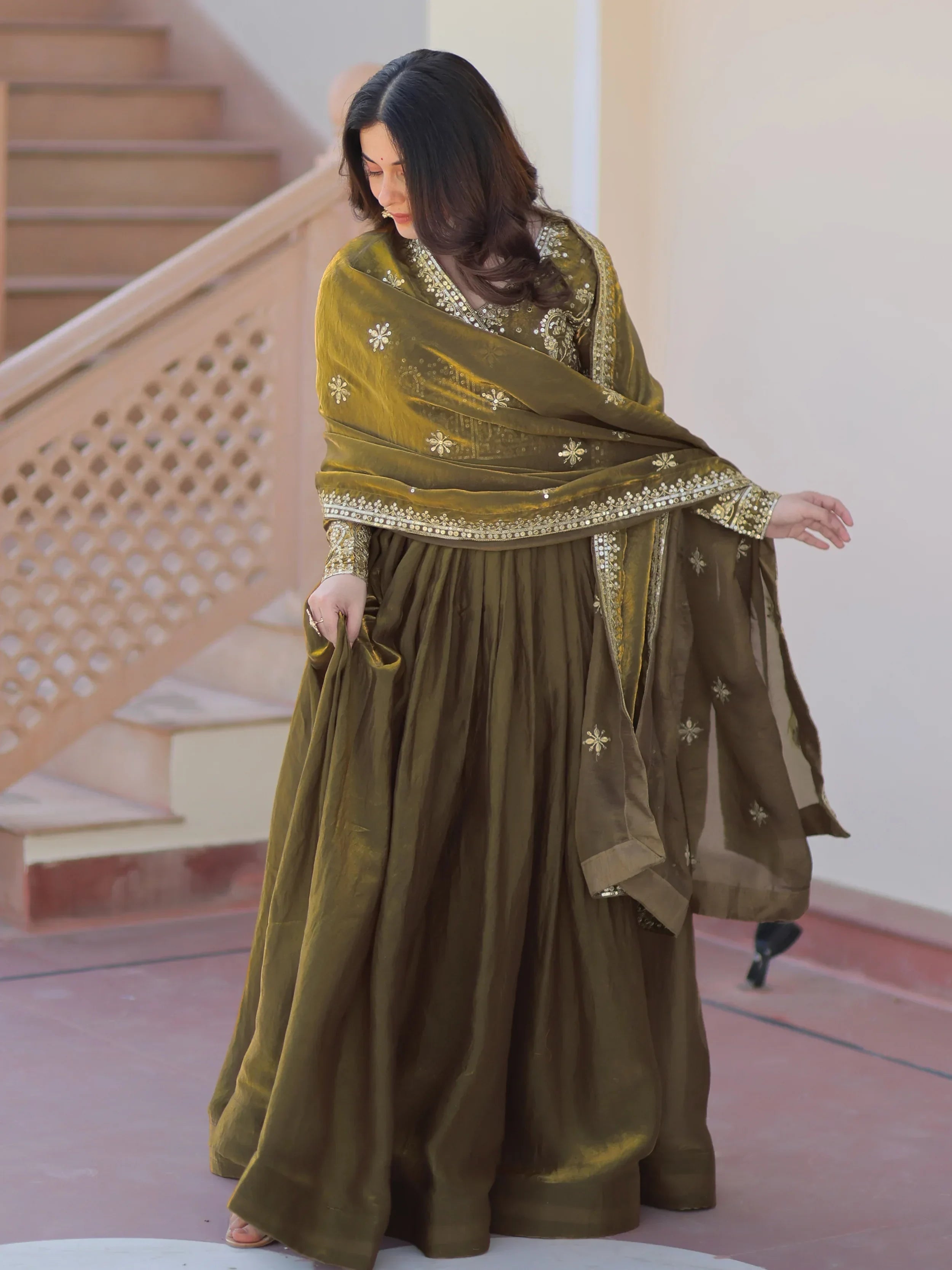 Mehendi Green  silk Sequins Embroidery Organza Festive Wear Gown