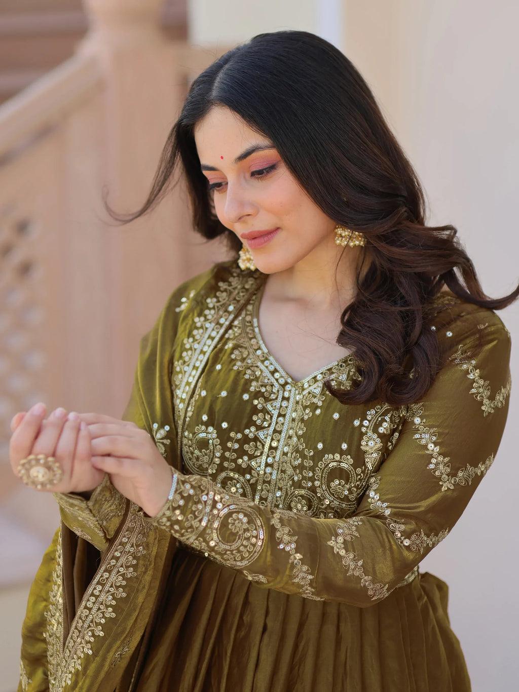 Mehendi Green  silk Sequins Embroidery Organza Festive Wear Gown