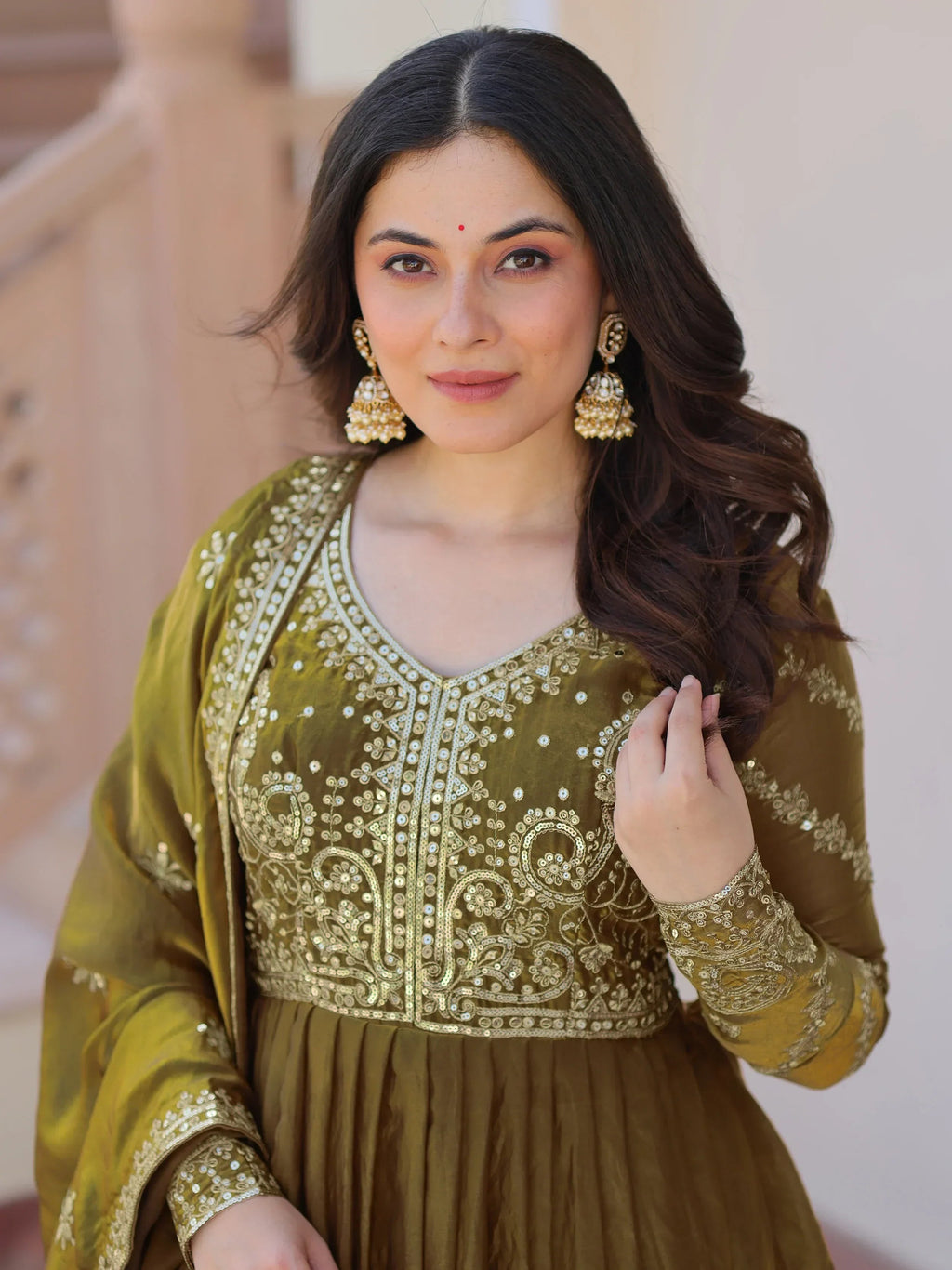 Mehendi Green  silk Sequins Embroidery Organza Festive Wear Gown