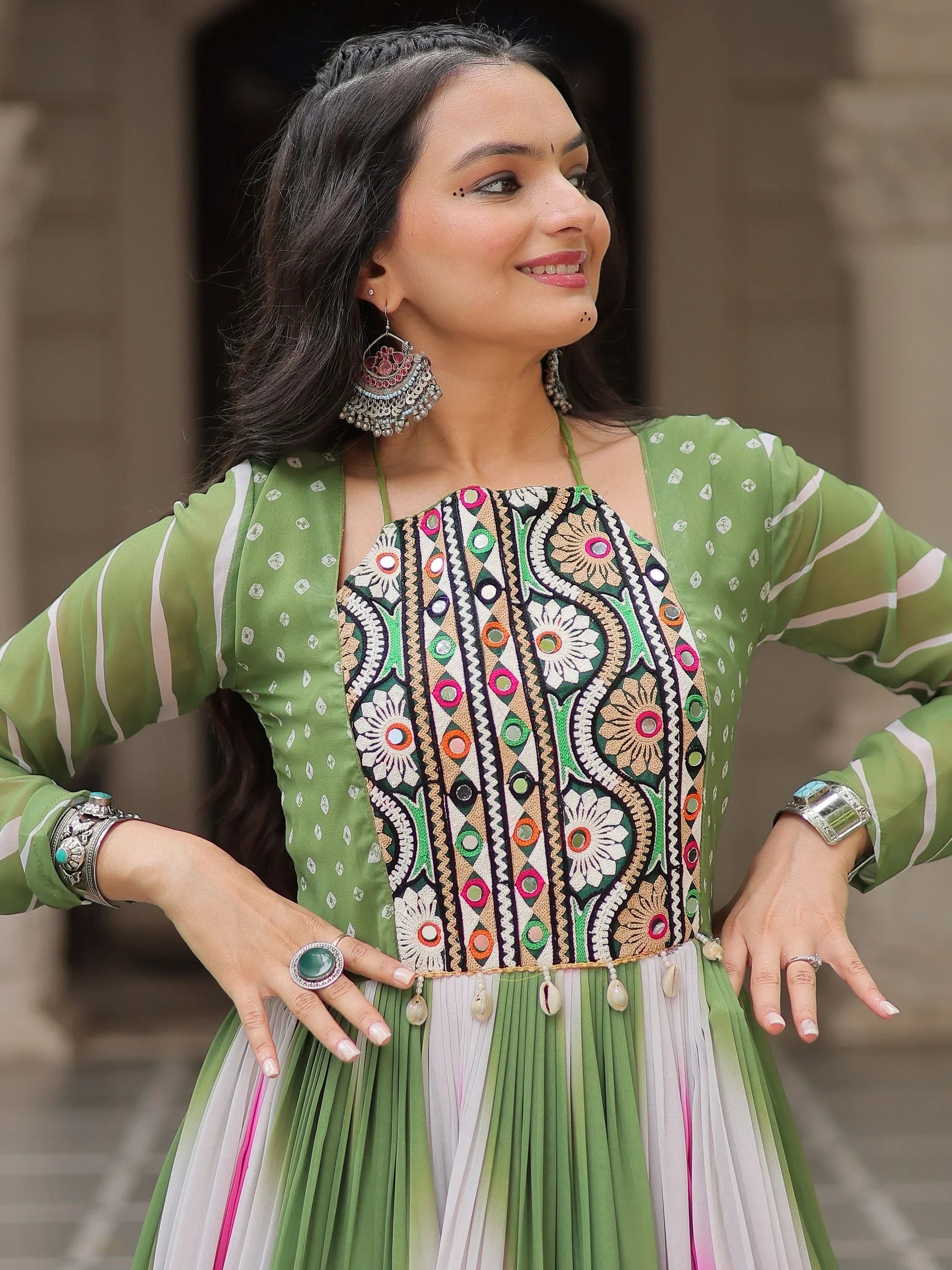 Bewitching Multi-Color Thread Embroidered Navratri Special Gown