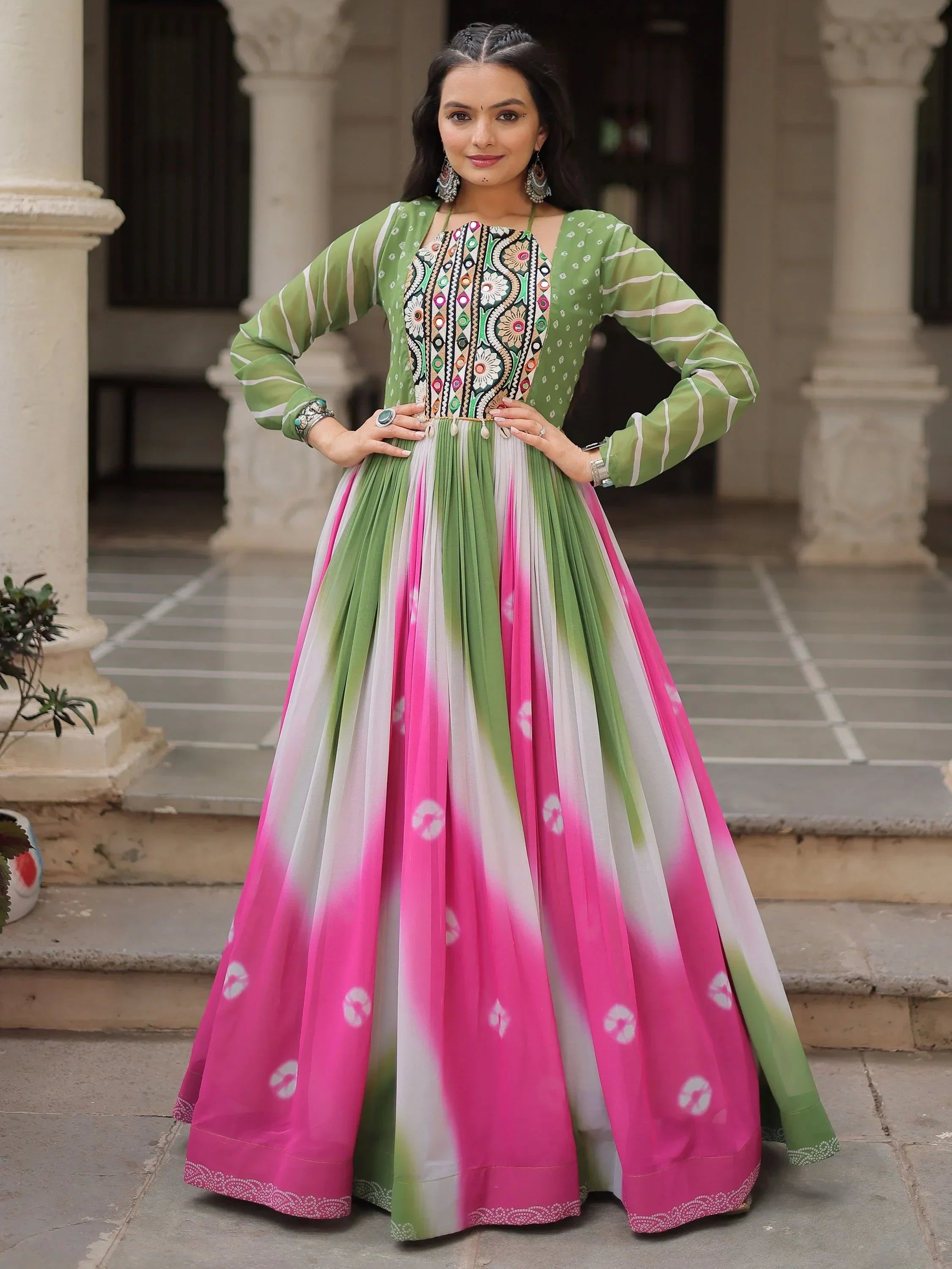 Bewitching Multi-Color Thread Embroidered Navratri Special Gown