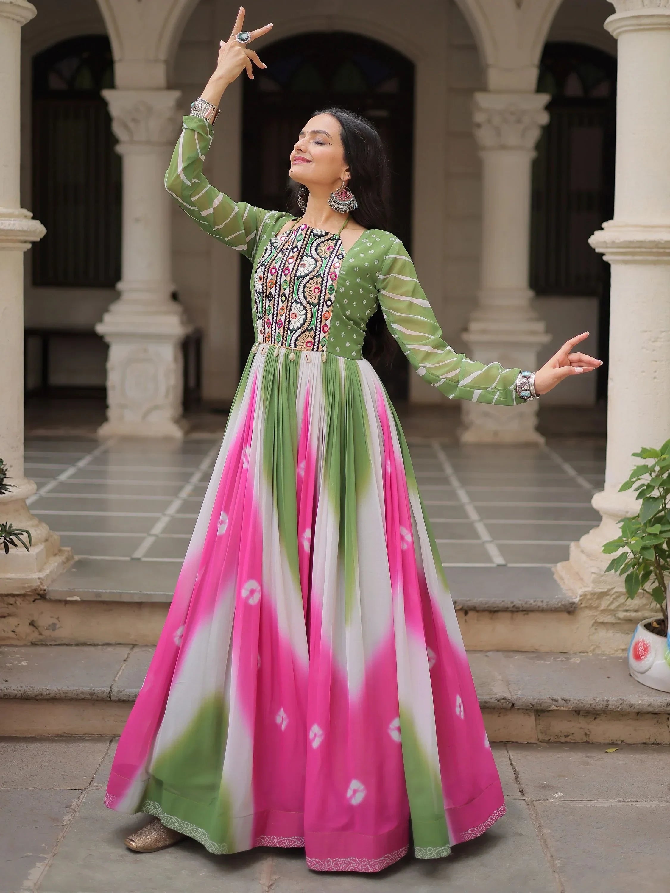 Bewitching Multi-Color Thread Embroidered Navratri Special Gown