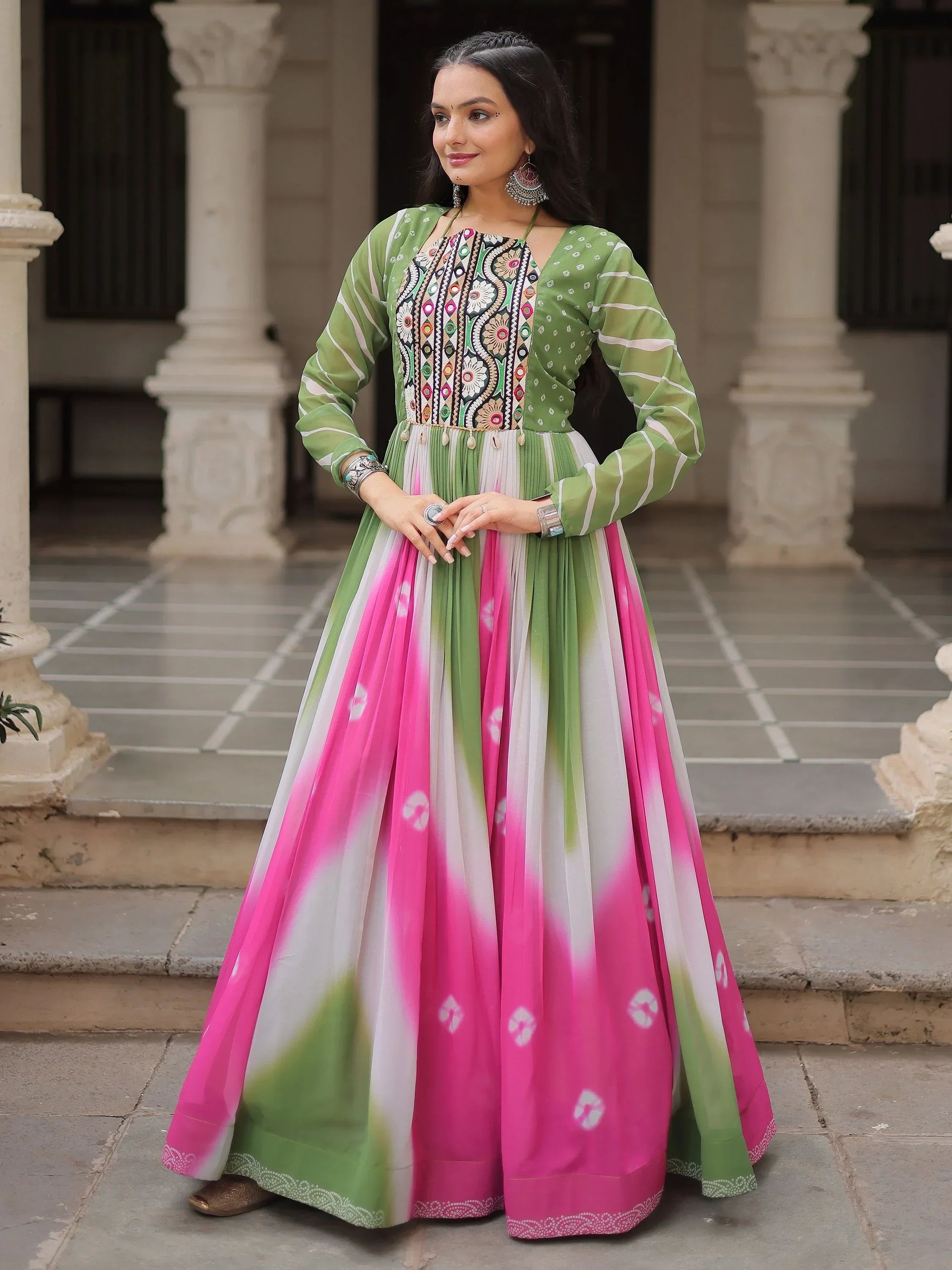 Bewitching Multi-Color Thread Embroidered Navratri Special Gown