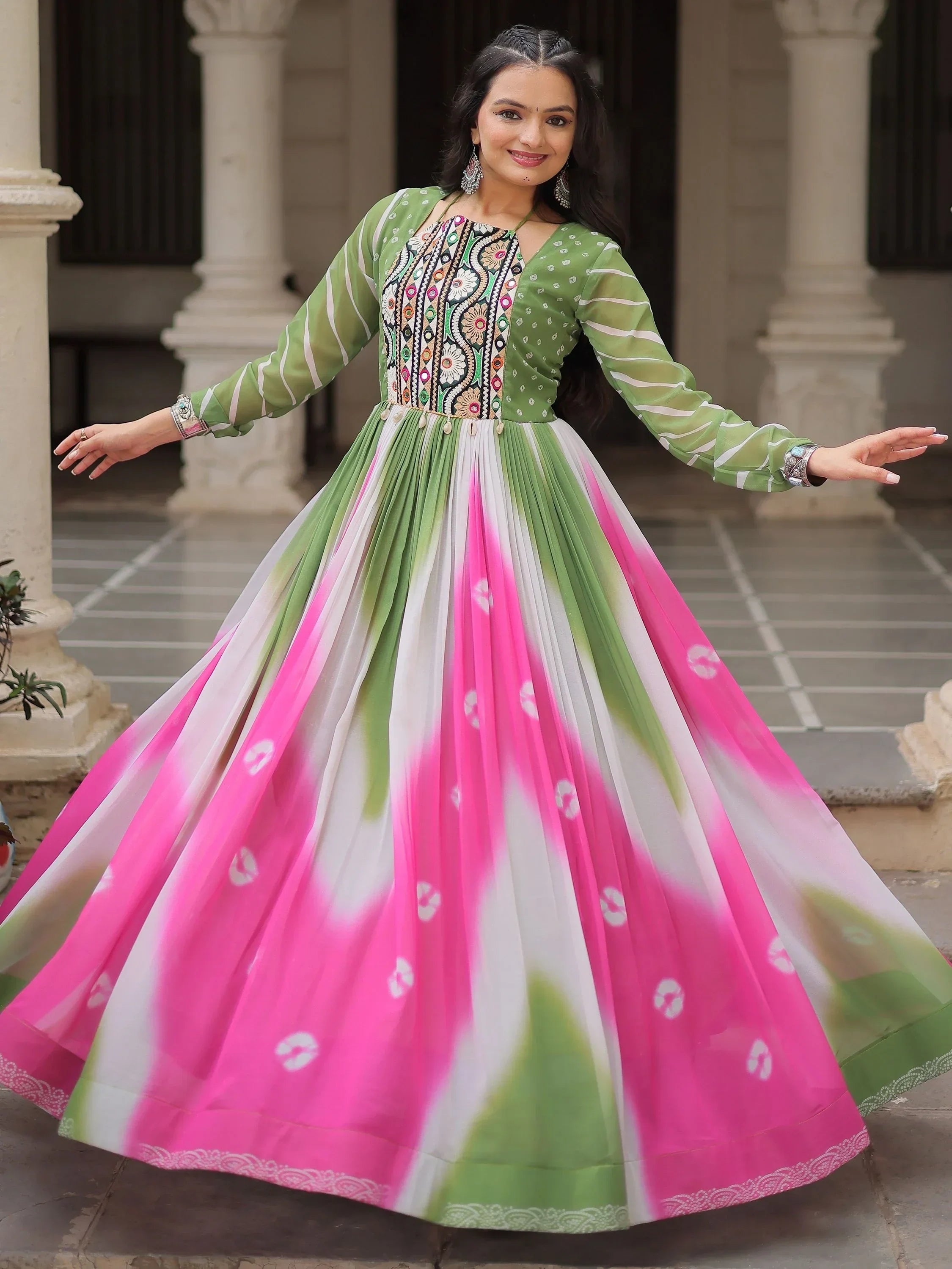 Bewitching Multi-Color Thread Embroidered Navratri Special Gown