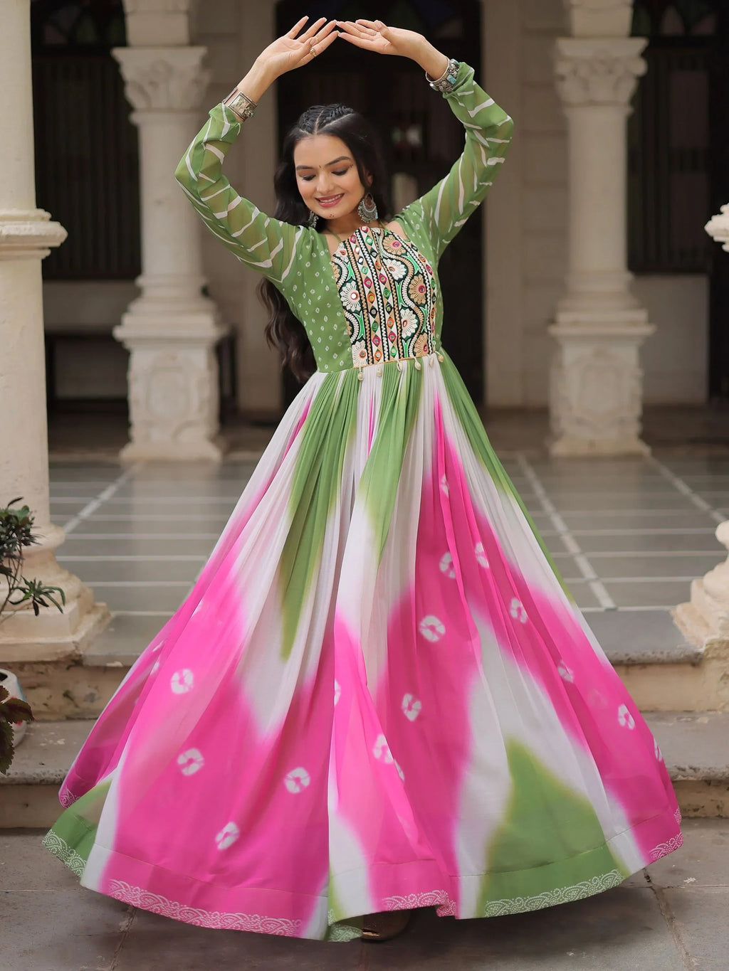 Bewitching Multi-Color Thread Embroidered Navratri Special Gown