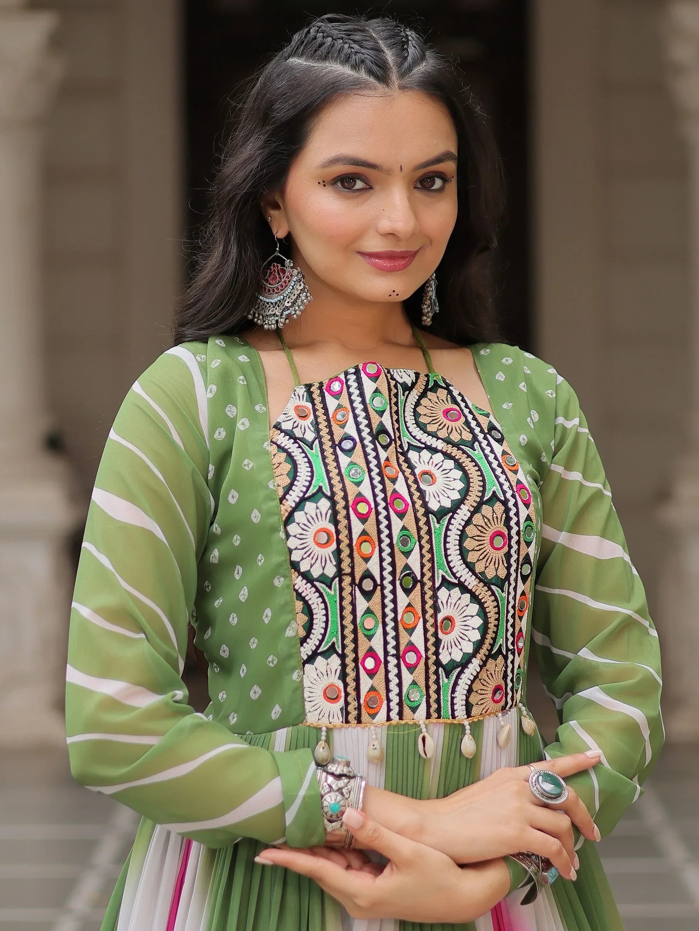 Bewitching Multi-Color Thread Embroidered Navratri Special Gown