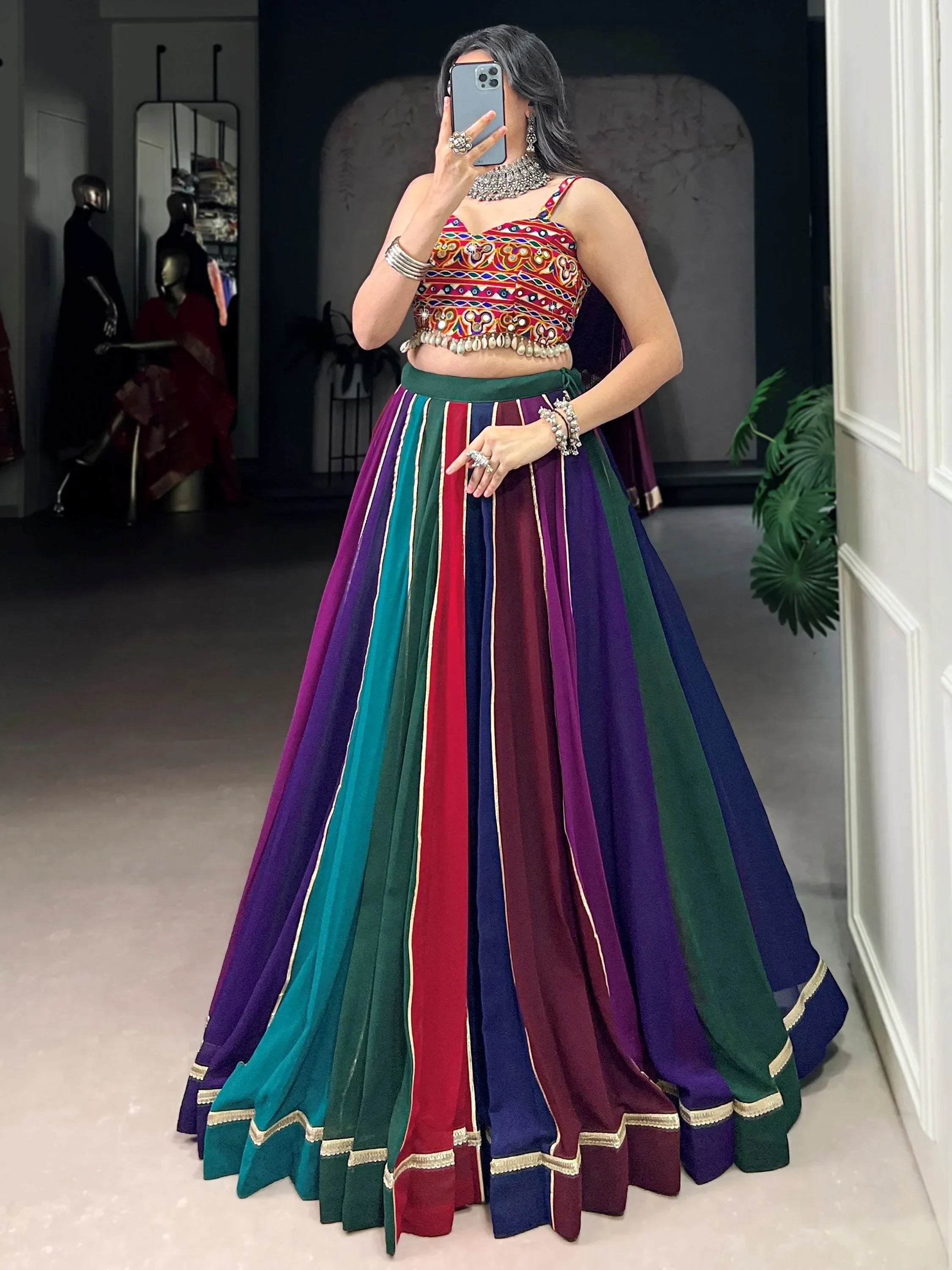 Multi Color type Georgette Navratri Lehenga  With Gamthi Work Choli