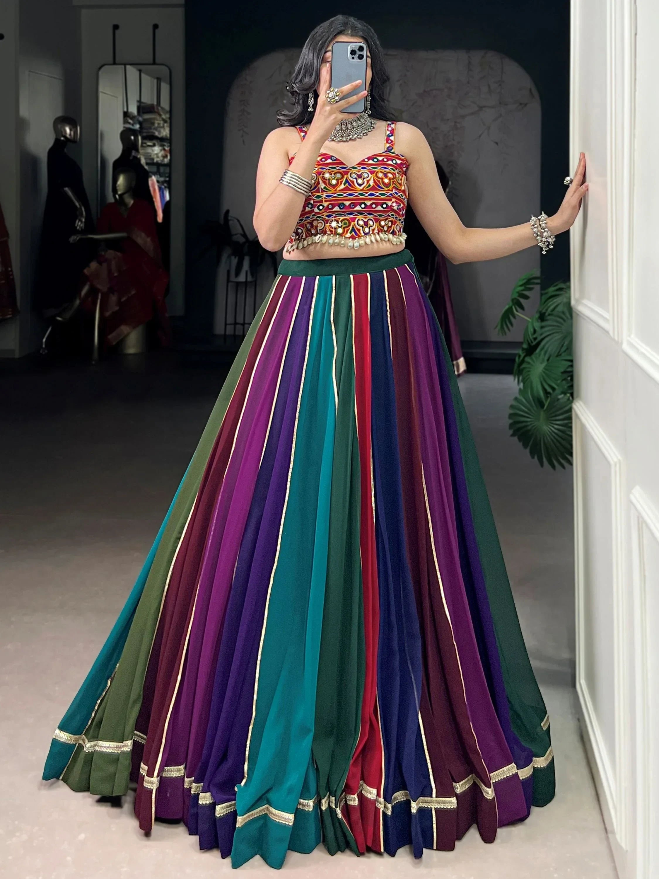 Multi Color type Georgette Navratri Lehenga  With Gamthi Work Choli