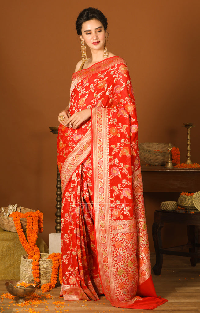 Scarlet Chiffon Saree with Zari & Minakari Floral Design