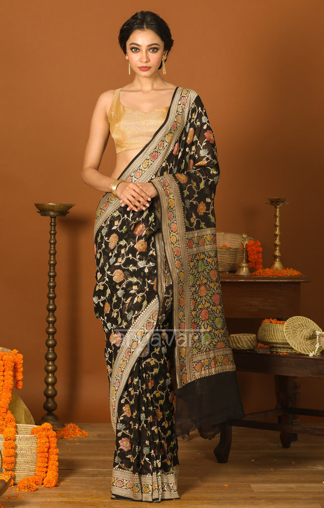 Black Chiffon Saree with Zari & Minakari Floral Design