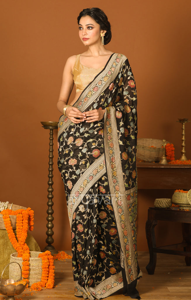 Black Chiffon Saree with Zari & Minakari Floral Design