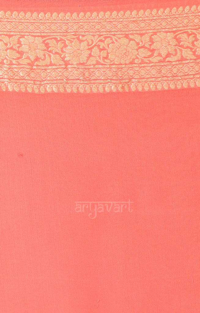 Coral Chiffon Saree with Zari Floral Woven Design
