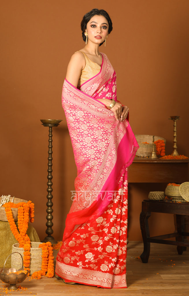 Fuchsia & Red Dual tone Chiffon Saree with Zari Floral Woven Design