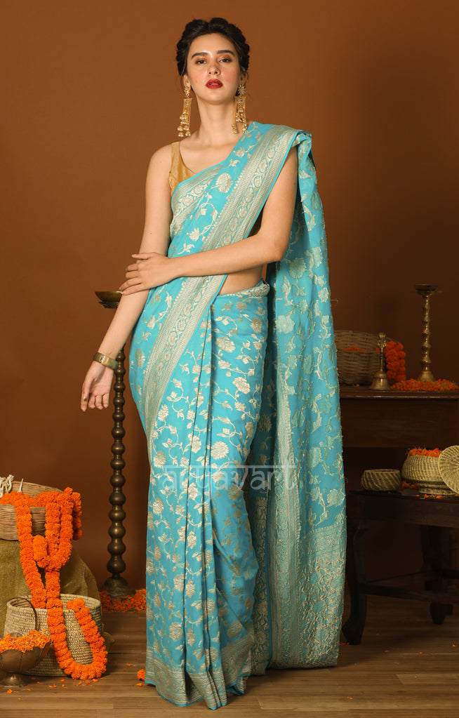 Turquoise Blue color  Chiffon Saree with Zari Floral