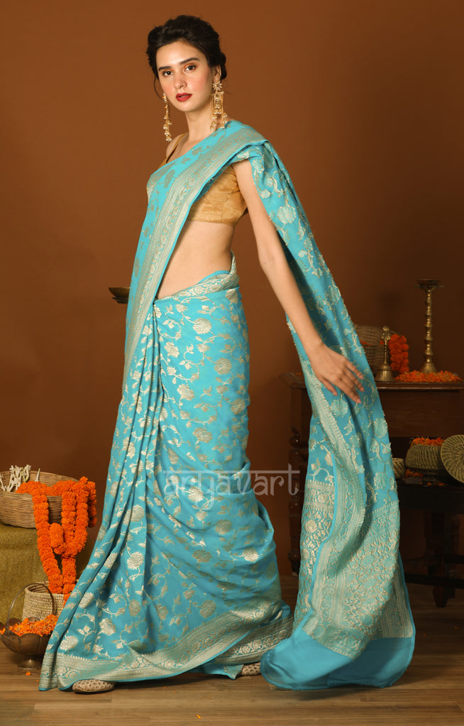 Turquoise Blue color  Chiffon Saree with Zari Floral