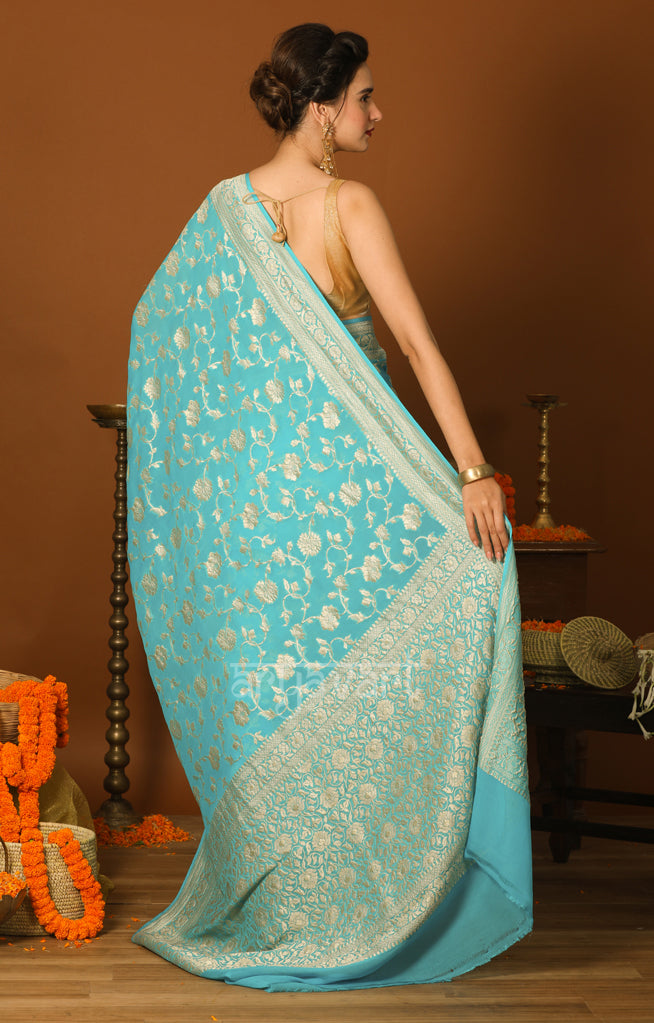 Turquoise Blue color  Chiffon Saree with Zari Floral