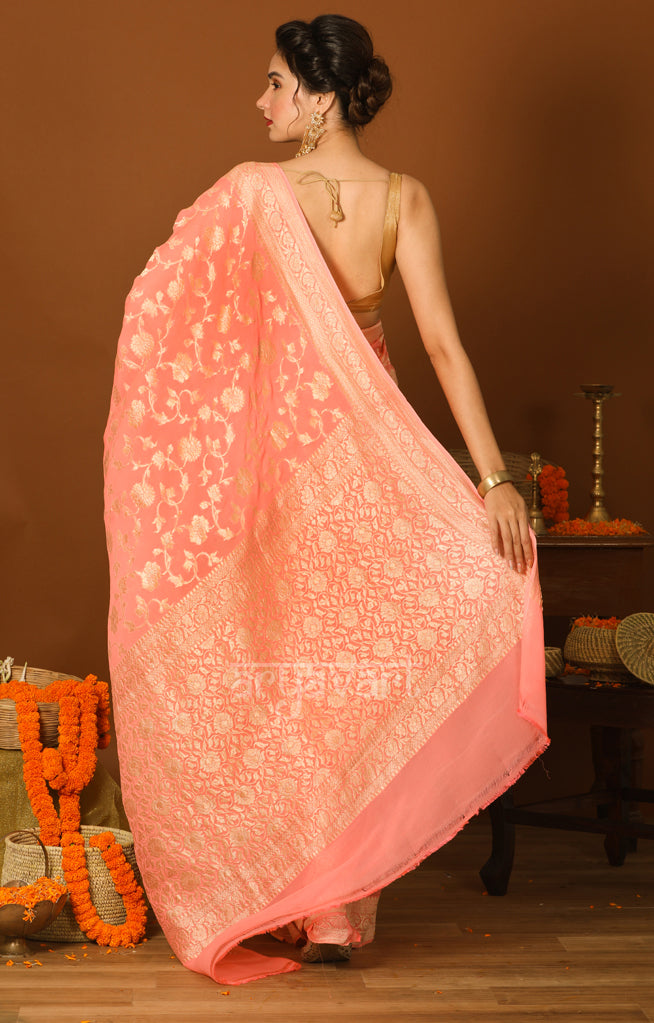 Peach color Chiffon Saree with Zari and Floral Weave