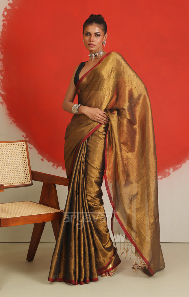 Dark Gold Tissue Cotton saree With A Thin Red Border