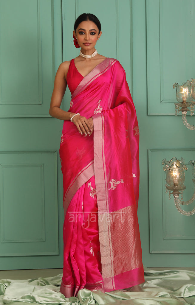 Stunning Fuchsia Silk Chanderi Saree With Woven Buttas