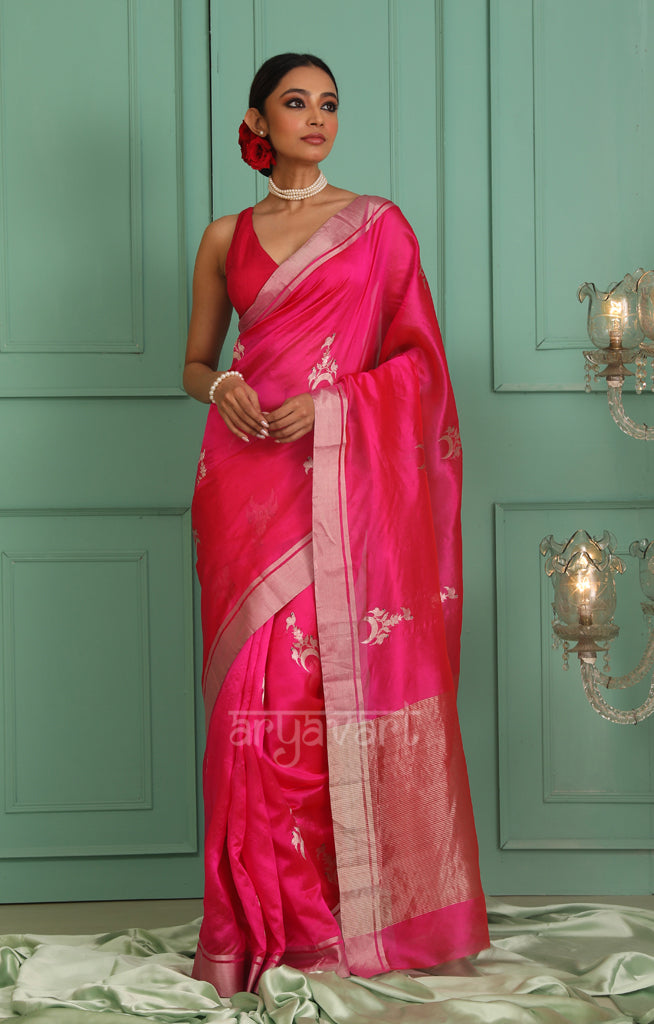 Stunning Fuchsia Silk Chanderi Saree With Woven Buttas