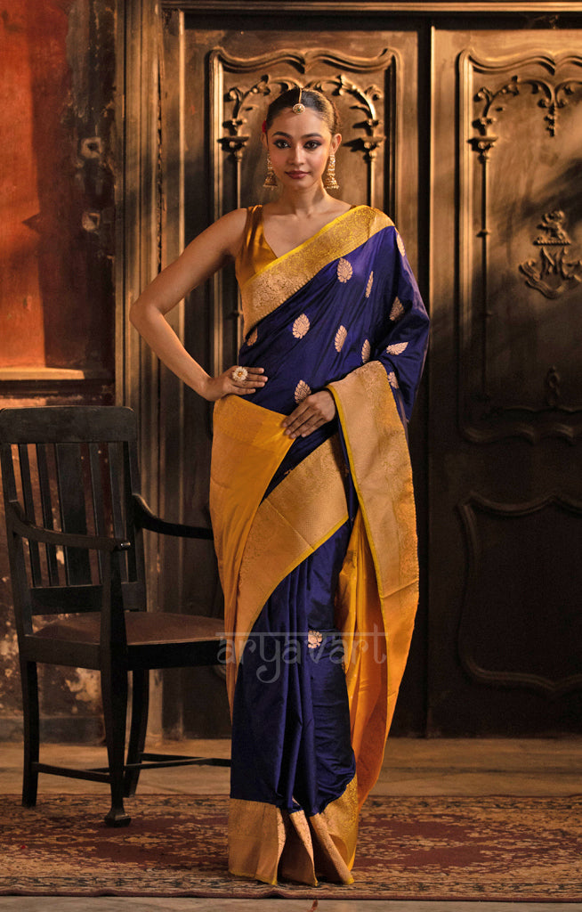 Midnight Blue Katan Silk With Strinking Yellow Border & Gold Buttas