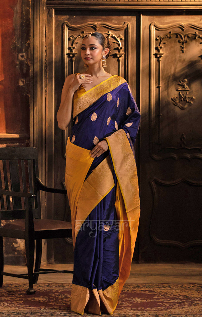 Midnight Blue Katan Silk With Strinking Yellow Border & Gold Buttas