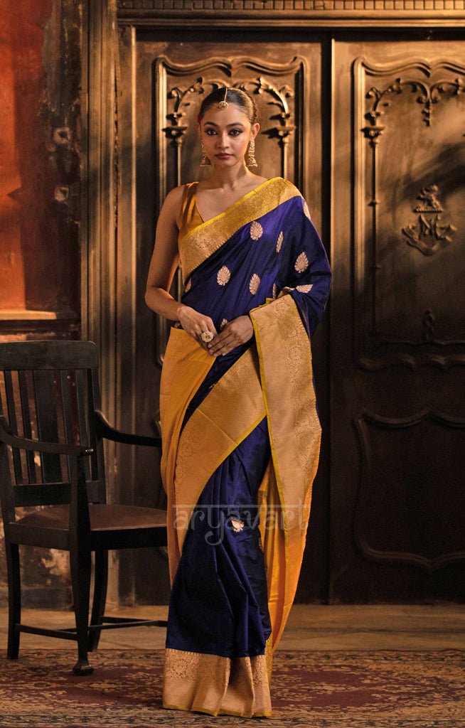 Midnight Blue Katan Silk With Strinking Yellow Border & Gold Buttas