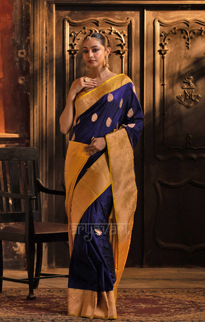 Midnight Blue Katan Silk With Strinking Yellow Border & Gold Buttas