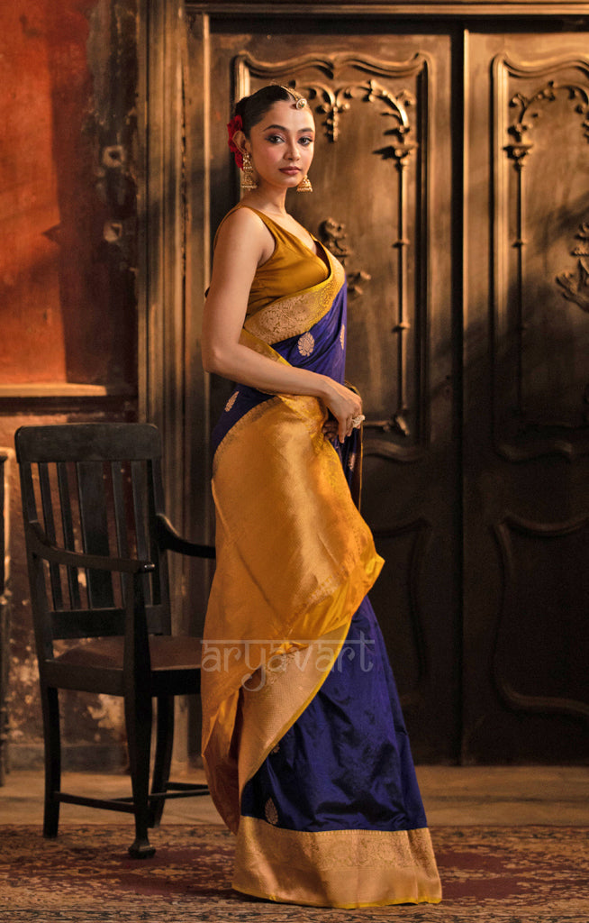 Midnight Blue Katan Silk With Strinking Yellow Border & Gold Buttas