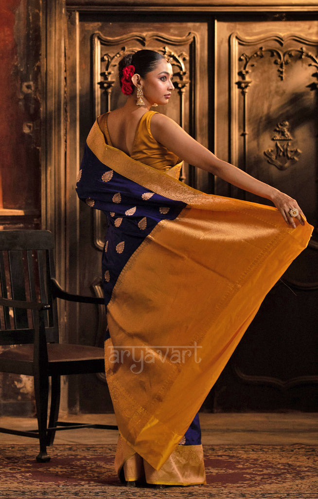 Midnight Blue Katan Silk With Strinking Yellow Border & Gold Buttas
