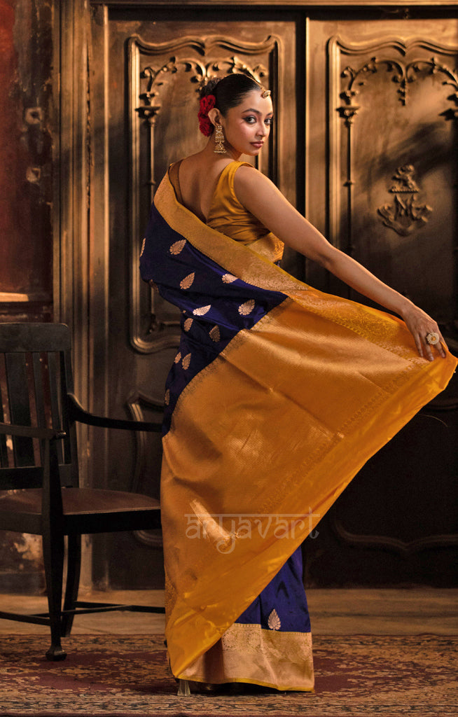 Midnight Blue Katan Silk With Strinking Yellow Border & Gold Buttas