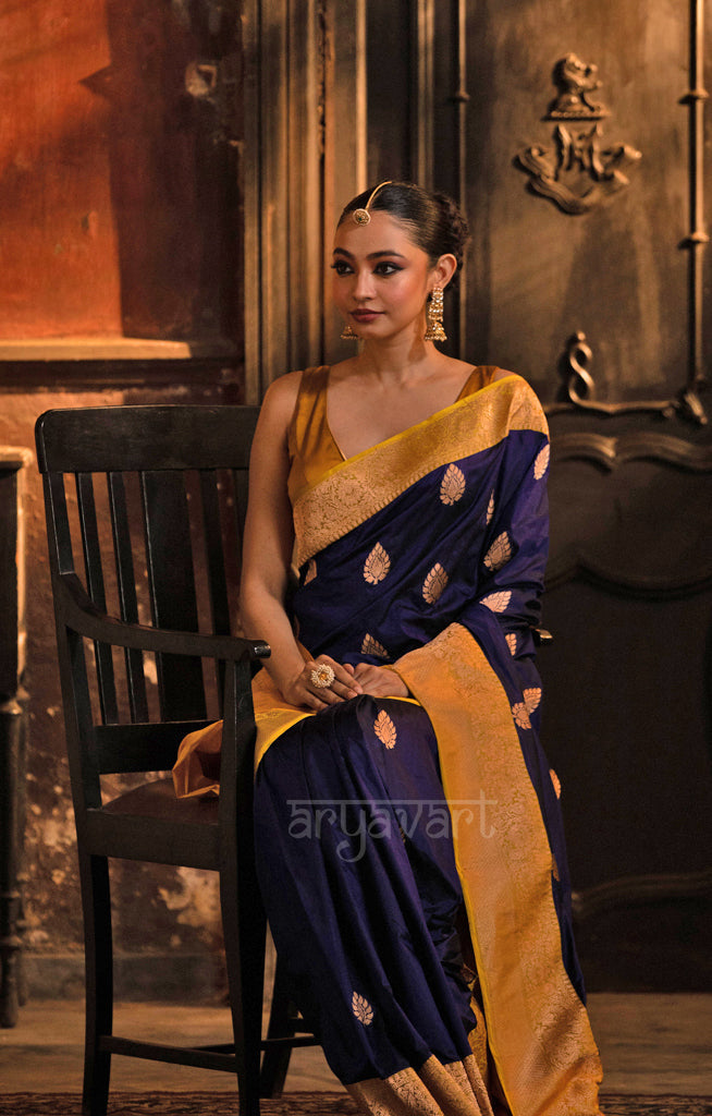 Midnight Blue Katan Silk With Strinking Yellow Border & Gold Buttas