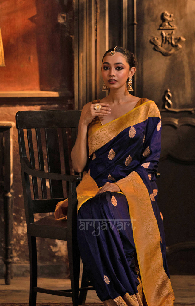 Midnight Blue Katan Silk With Strinking Yellow Border & Gold Buttas