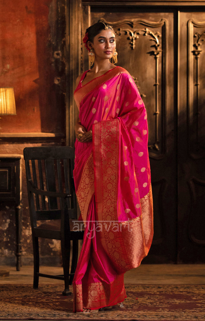 Striking Fuchsia Katan Silk Saree With A Red Border & Gold Buttas